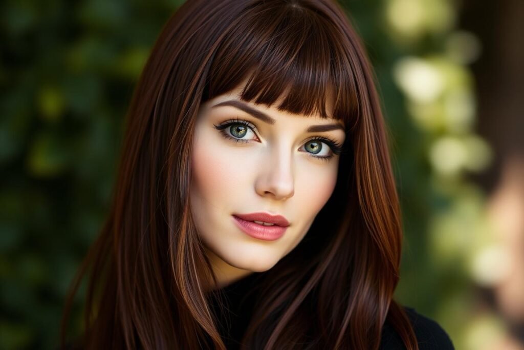Woman with mahogany brown hair color showing rich reddish-brown tones Woman with mahogany brown hair color showing rich reddish-brown tones