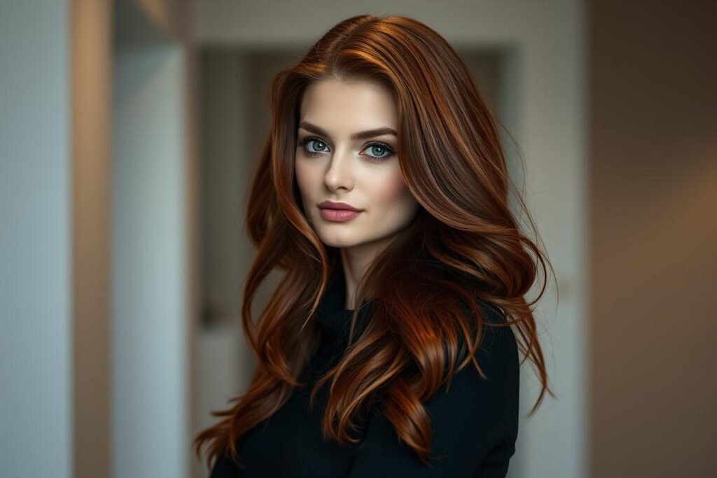 Woman with mahogany red hair color showing rich tones