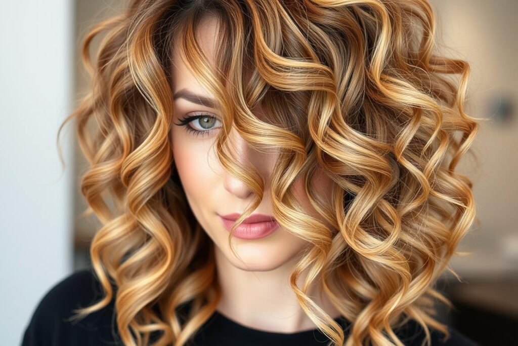Woman with medium brown curly hair with golden blonde highlights