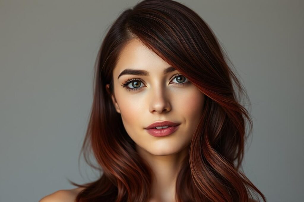 Woman with medium skin tone and cherry cola red hair color showing perfect color harmony