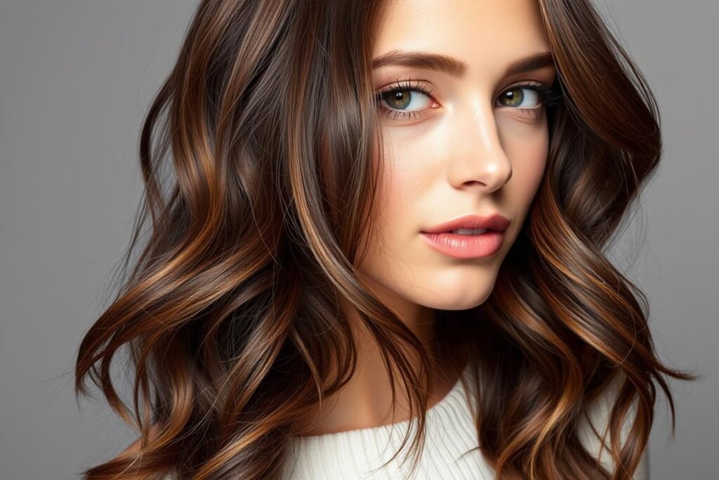 Woman with milk chocolate brown hair with caramel highlights