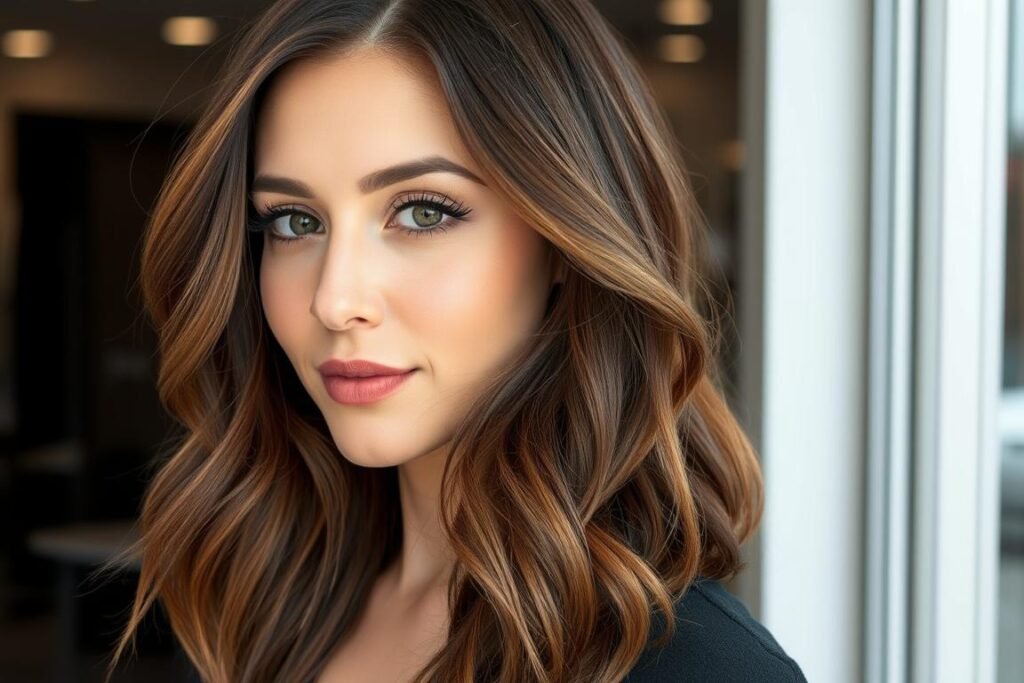 Woman with mocha brown hair color showing subtle coffee-inspired undertones Woman with mocha brown hair color showing subtle coffee-inspired undertones