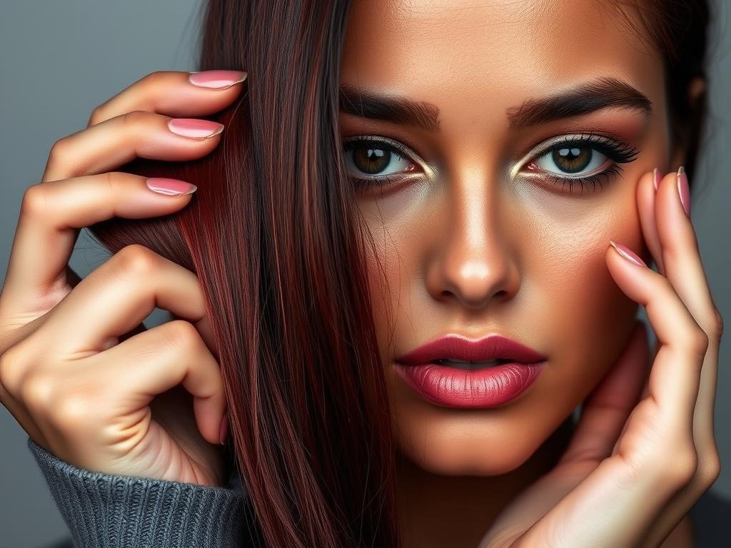Woman with olive skin tone trying on different dark red hair color swatches to find her perfect match Woman with olive skin tone trying on different dark red hair color swatches to find her perfect match