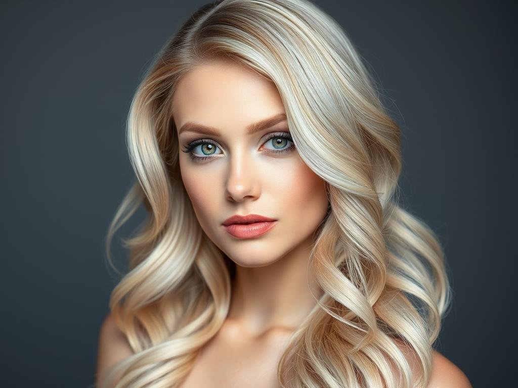 Woman with pearl blonde hair showing iridescent light blonde with subtle dimension
