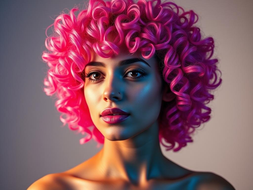 Woman with pink curly hair showing bright vibrant color throughout Woman with pink curly hair showing bright vibrant color throughout