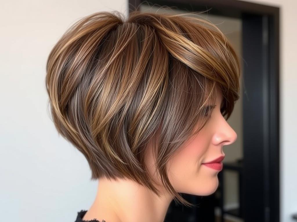 Woman with pixie bob in ash brown color with cool undertones, short hair color ideas