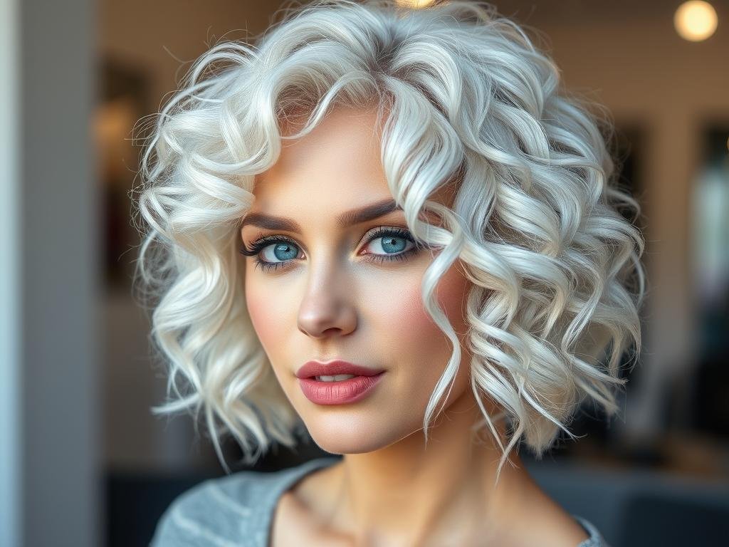 Woman with platinum blonde curly bob showing icy cool tones Woman with platinum blonde curly bob showing icy cool tones