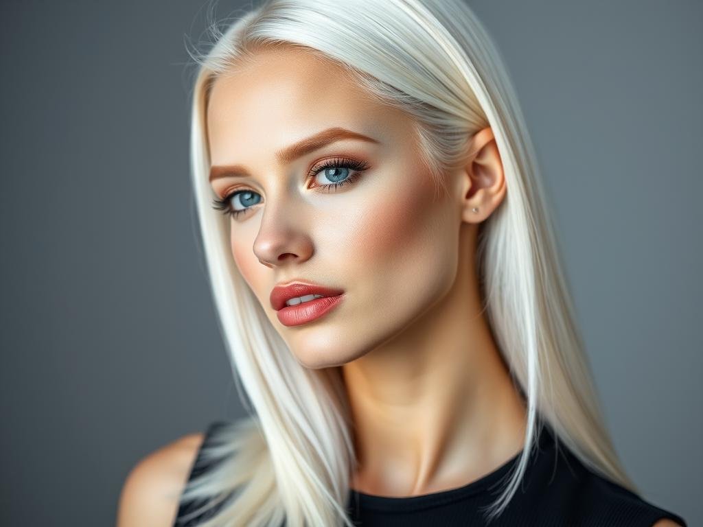 Woman with platinum blonde hair color showing bright white-blonde shade