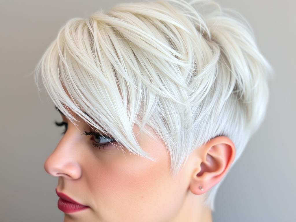 Woman with platinum blonde pixie cut styled with texture and volume, short hair color ideas