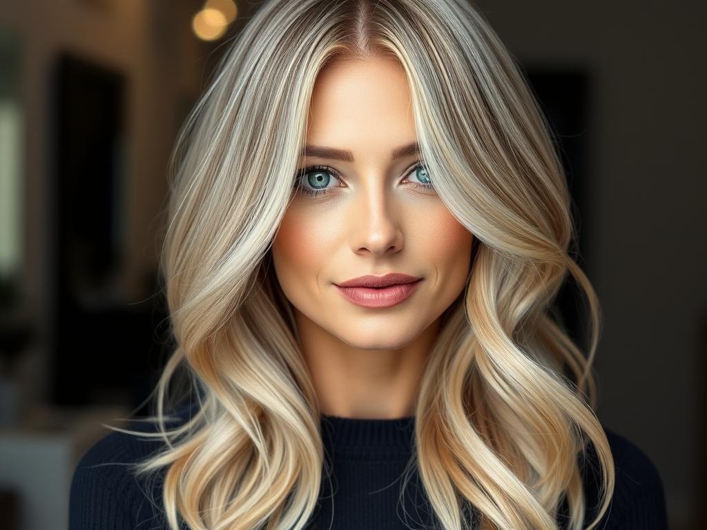Woman with platinum card technique showing multi-tonal blonde with dimension