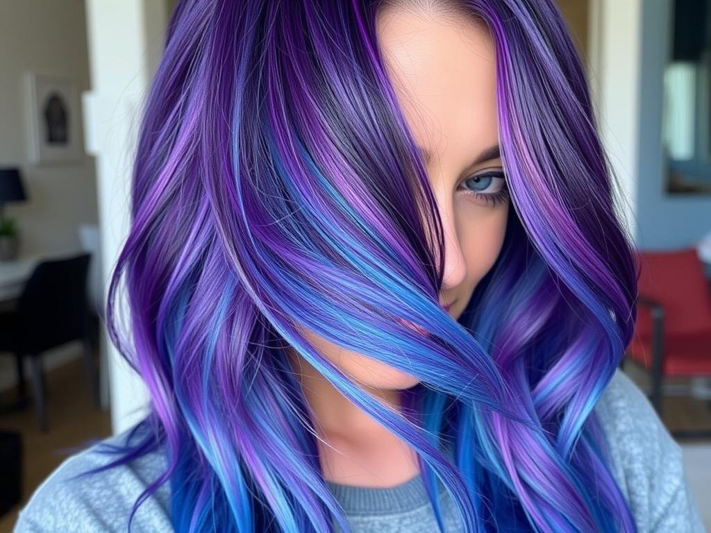Woman with purple and blue galaxy hair color blend