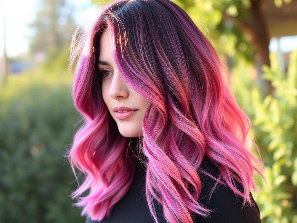 Woman with purple and pink hair color blend resembling a sunset