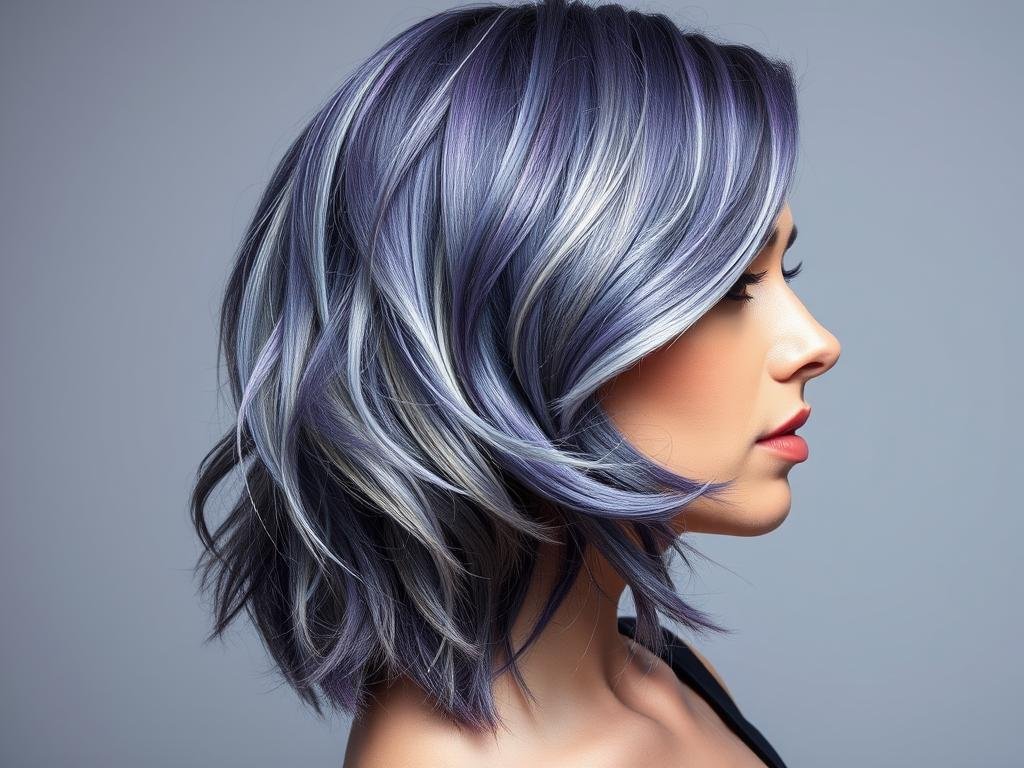 Woman with purple and silver hair color blend in elegant style