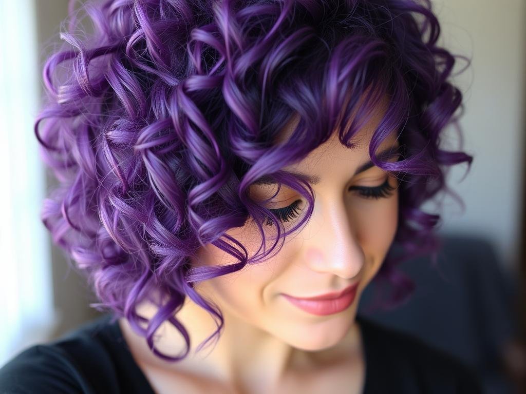 Woman with purple curly hair showing dimension and bounce
