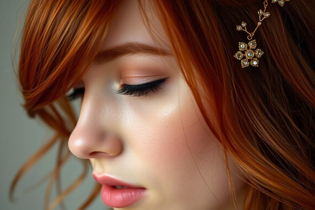 Woman with red hair wearing gold hair accessories
