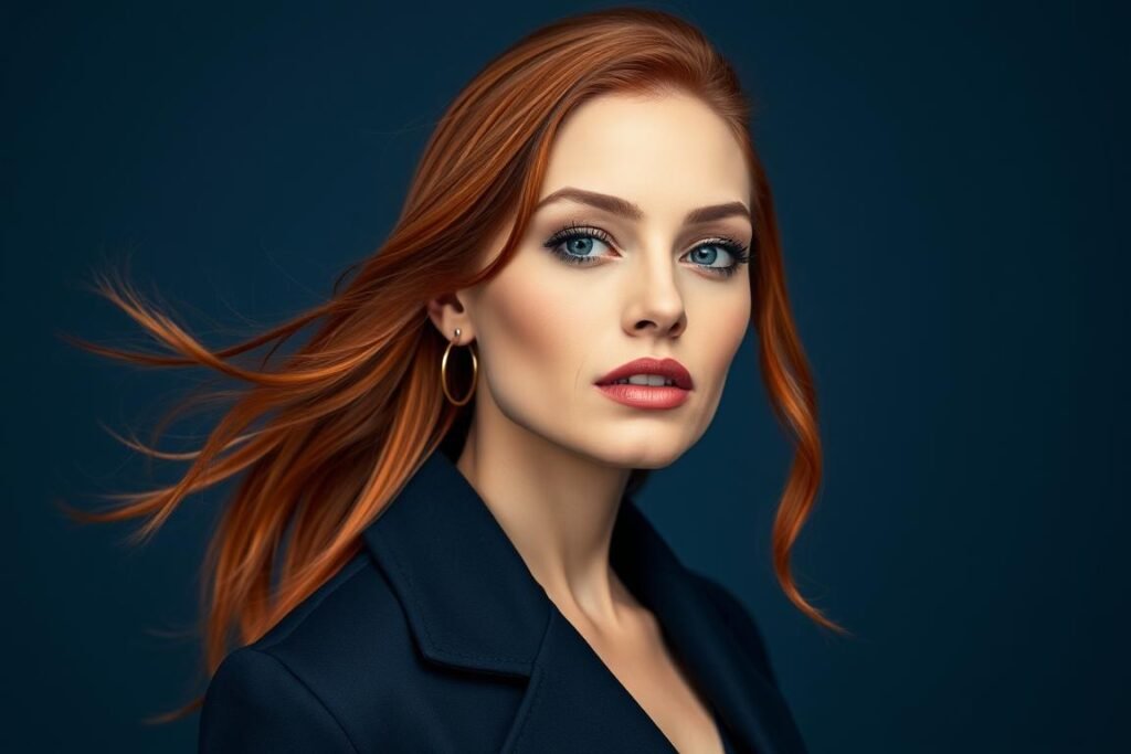 Woman with red hair wearing navy blue outfit