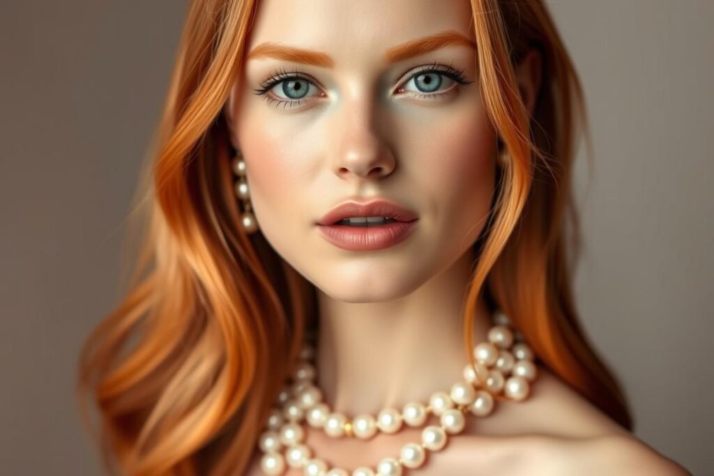 Woman with red hair wearing pearl accessories