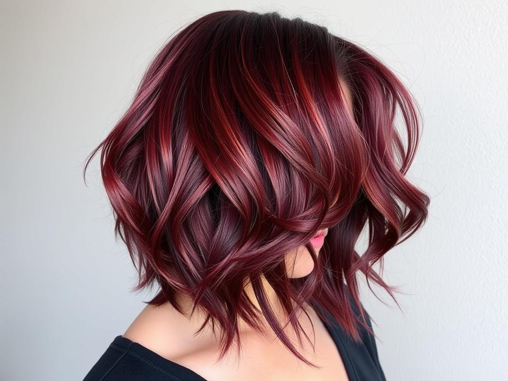 Woman with rich burgundy-purple hair color in voluminous style