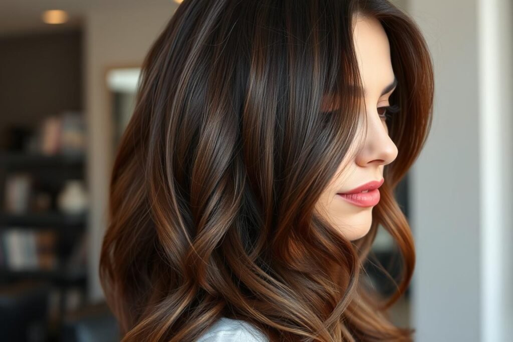 Woman with rich chocolate dark brown hair color with subtle dimension Woman with rich chocolate dark brown hair color with subtle dimension