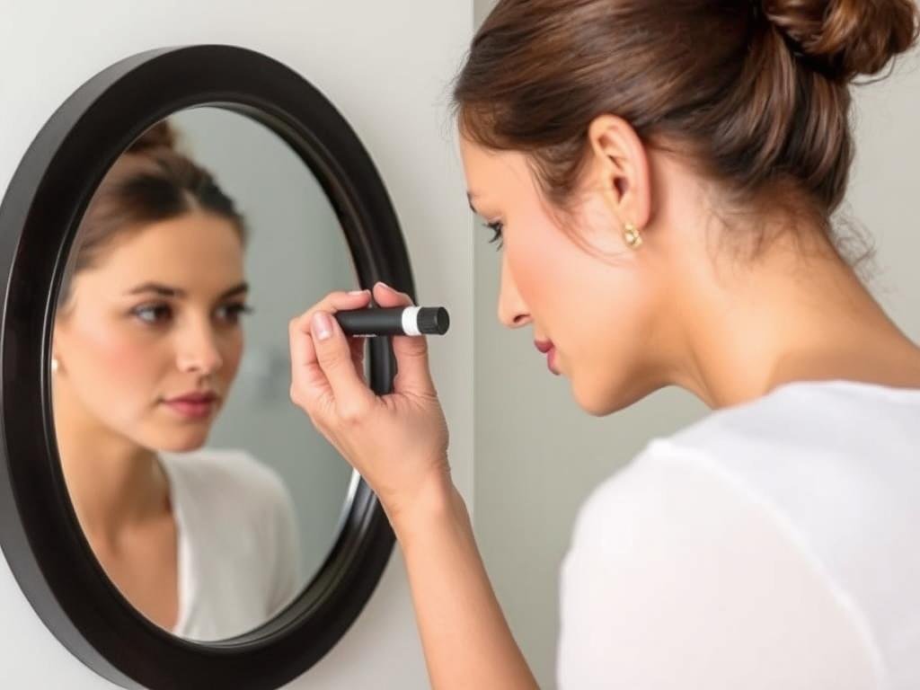 Woman with root touch-up product for maintaining hair color