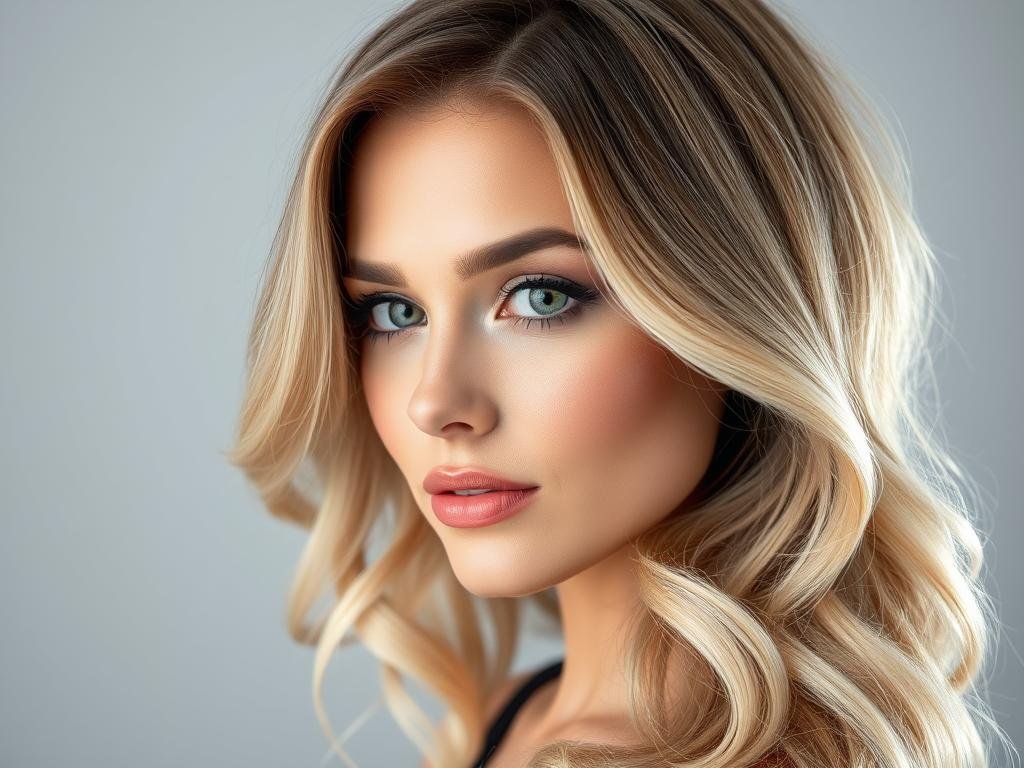 Woman with shadow root blonde showing darker roots blended into blonde