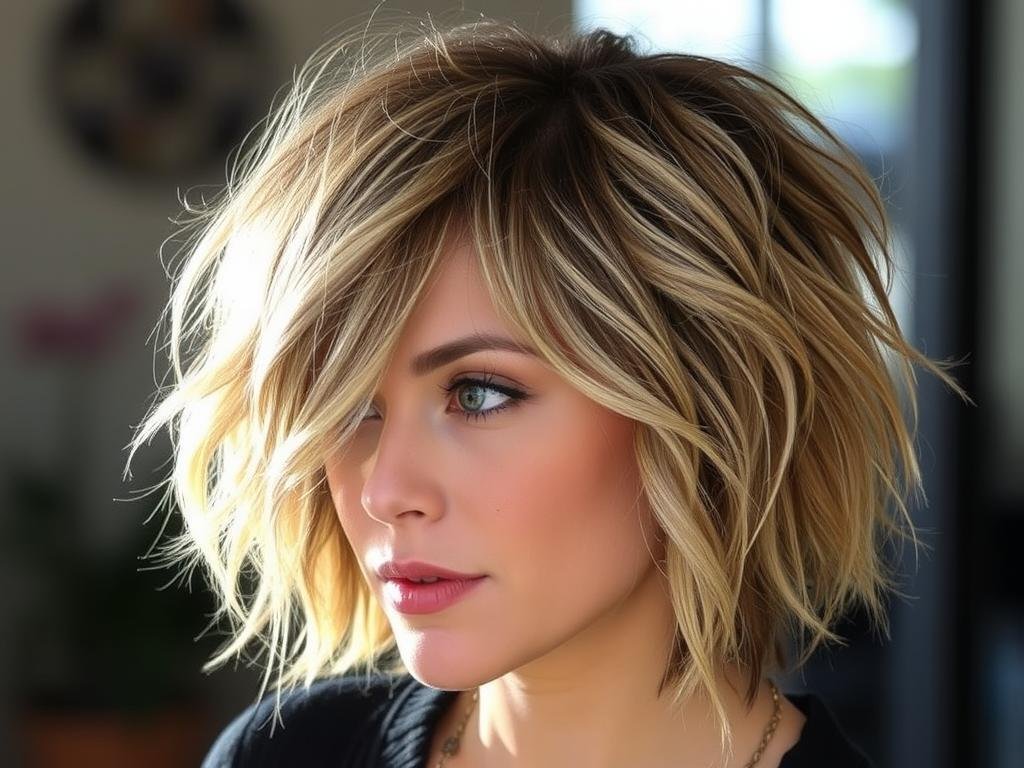 Woman with shaggy mid-length haircut showing volume for thin hair Woman with shaggy mid-length haircut showing volume for thin hair