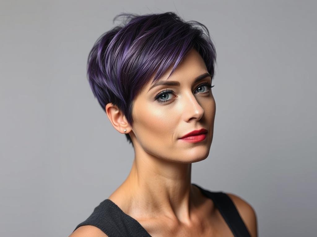 Woman with short purple pixie cut showing texture and dimension