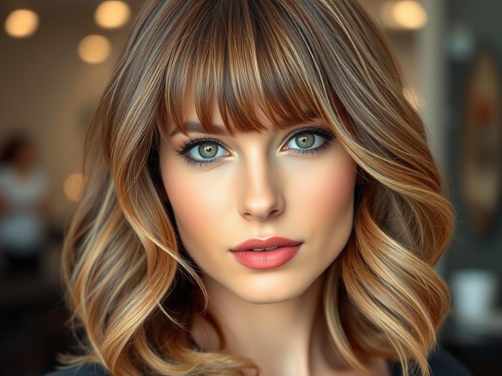 Woman with shoulder-length hair and curtain bangs styled for volume Woman with shoulder-length hair and curtain bangs styled for volume