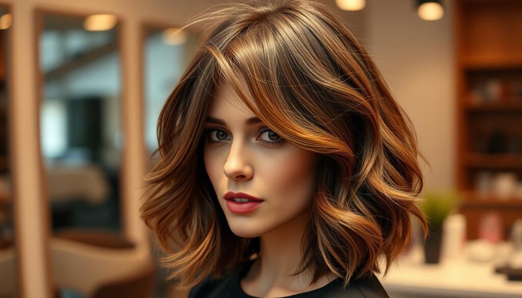 Woman with shoulder-length layered haircut for thin hair Woman with shoulder-length layered haircut for thin hair