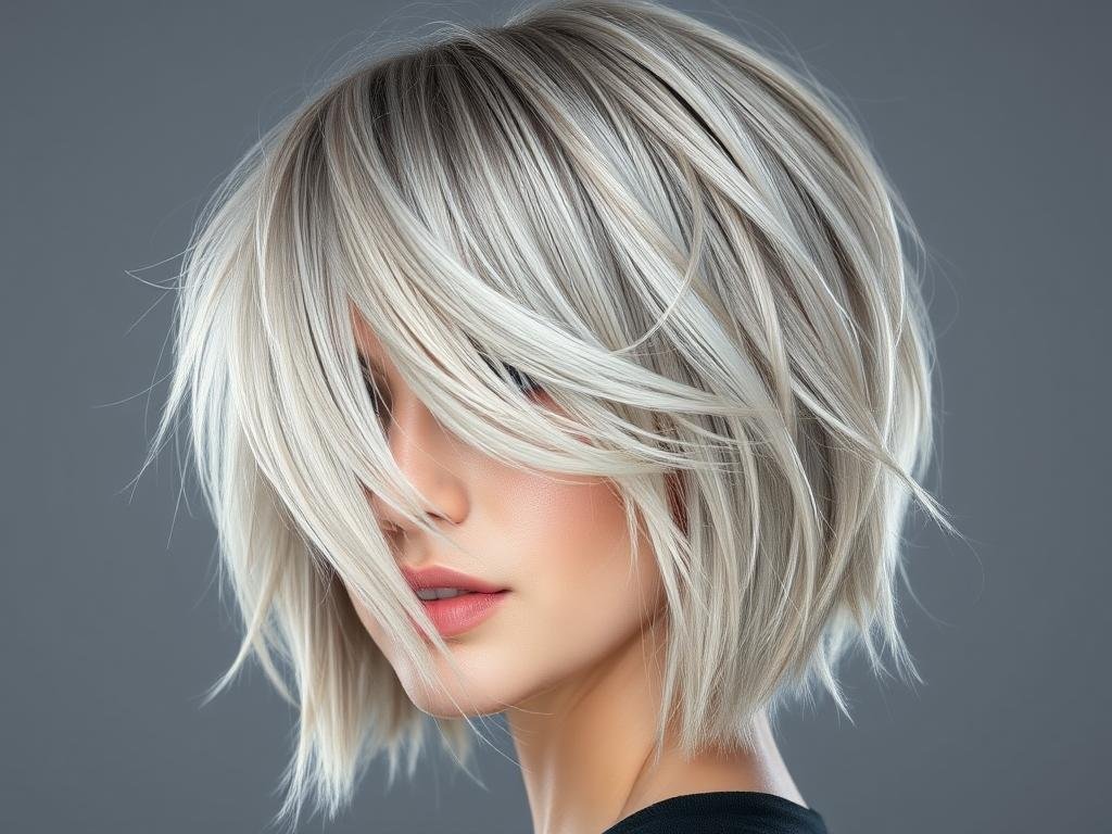 Woman with silver blonde hair showing metallic light blonde with gray tones