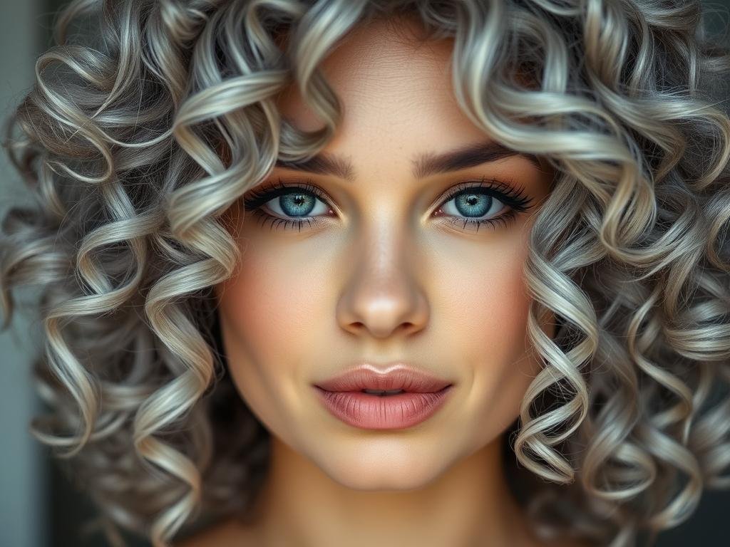 Woman with silver gray curly hair showing modern cool-toned style Woman with silver gray curly hair showing modern cool-toned style