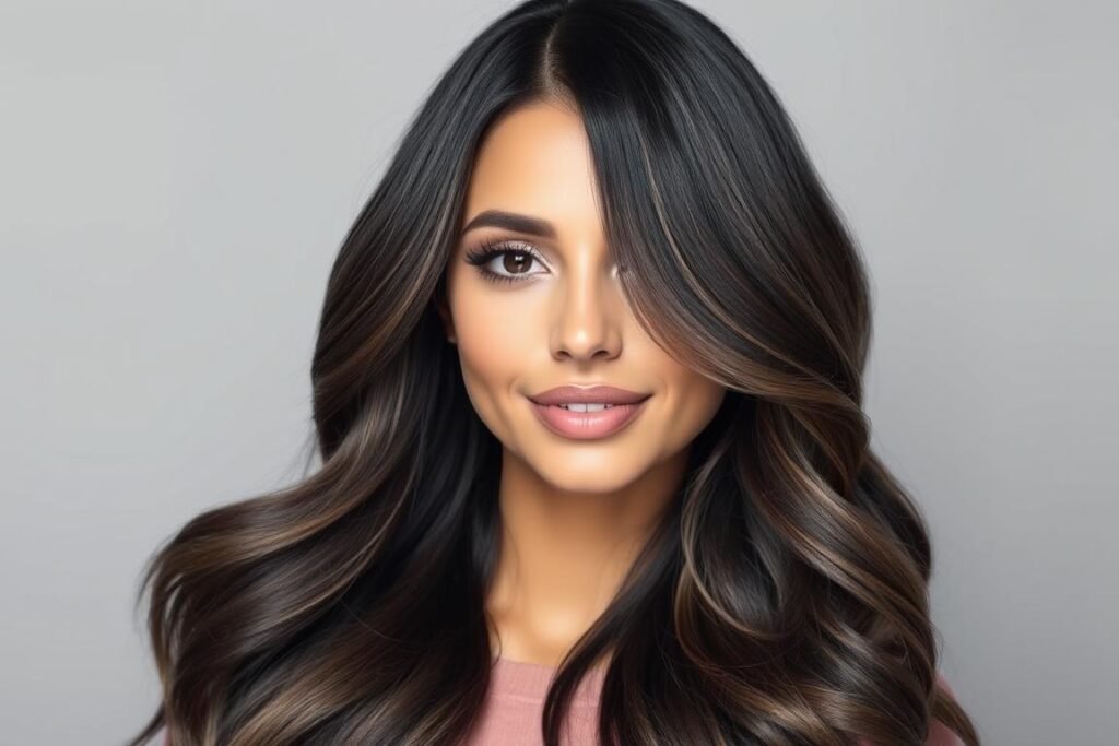 Woman with smoked espresso hair featuring subtle cool highlights