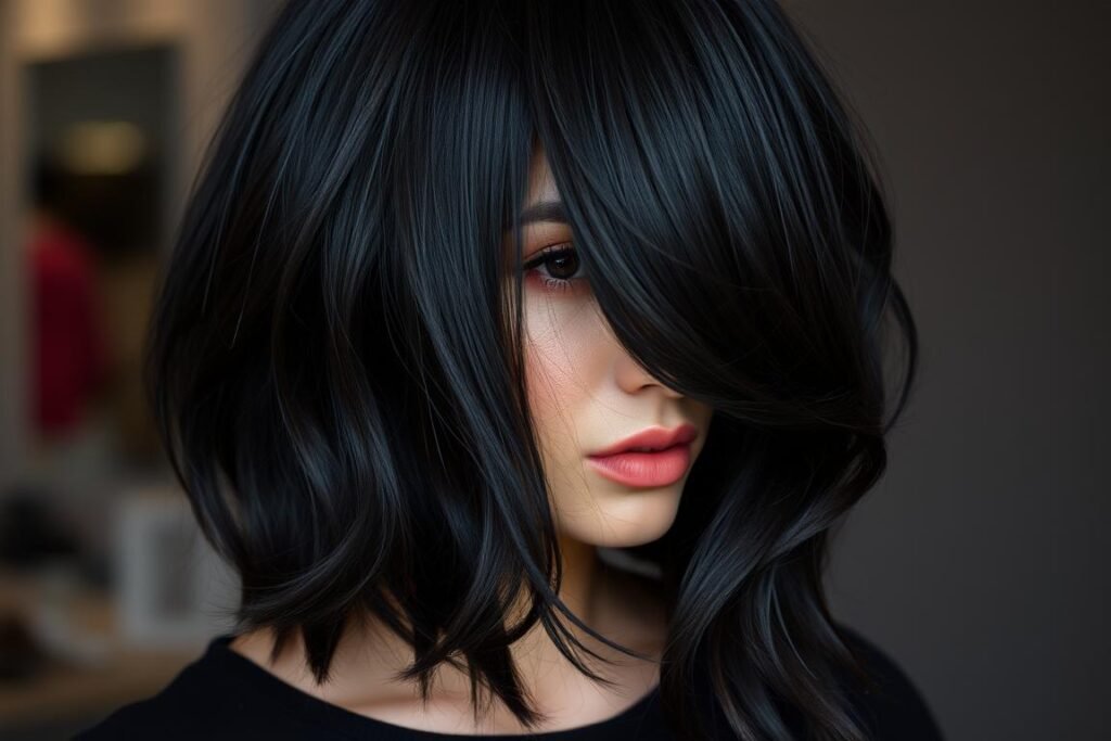 Woman with soft black hair color that appears less intense than jet black Woman with soft black hair color that appears less intense than jet black