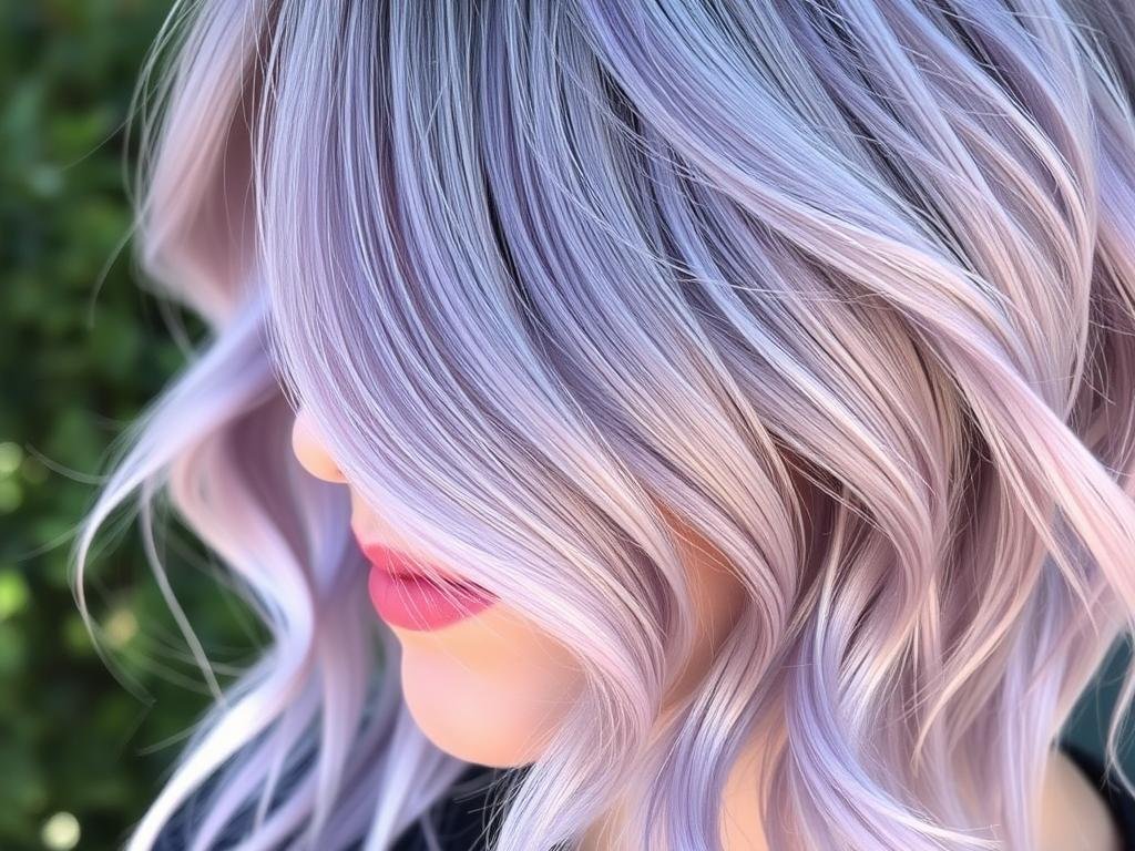 Woman with soft lavender purple hair color styled in loose waves