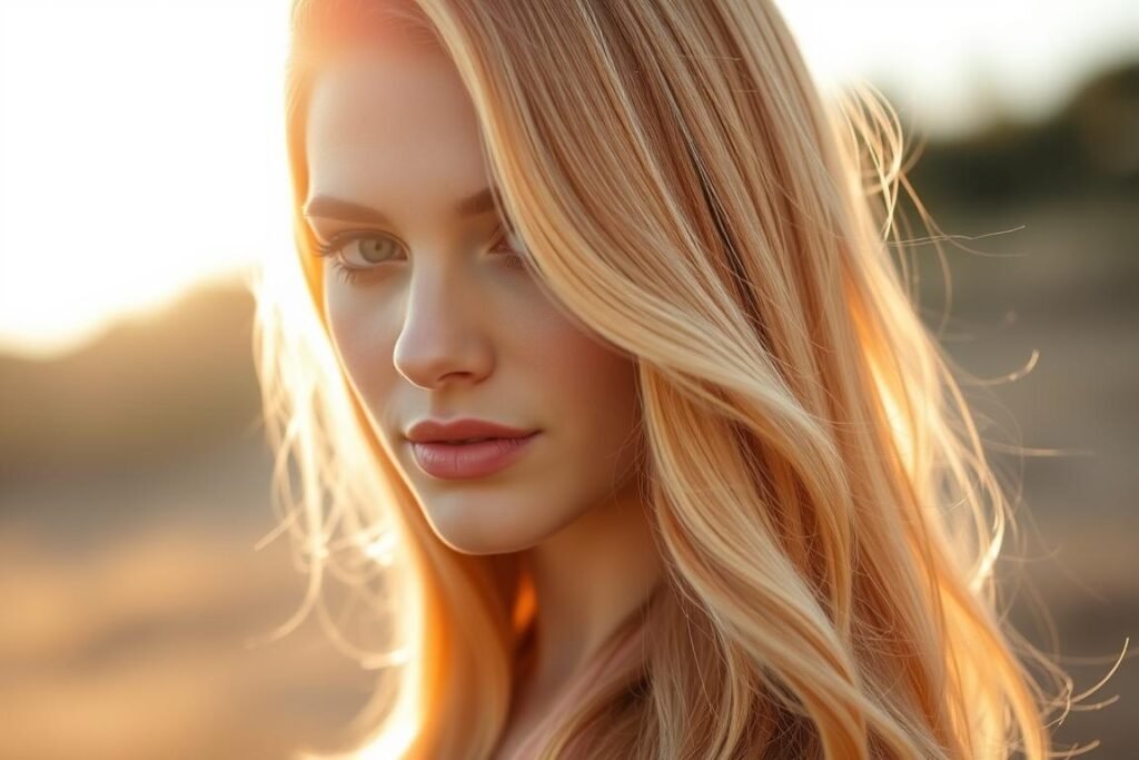 Woman with strawberry blonde red hair color in sunlight