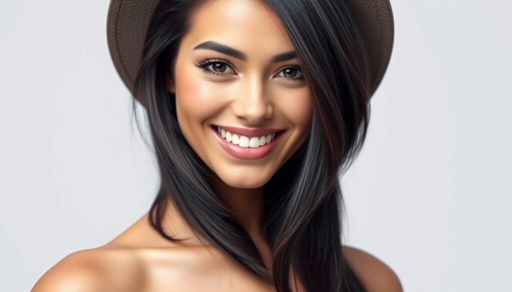 Woman with stunning black hair and highlights smiling confidently