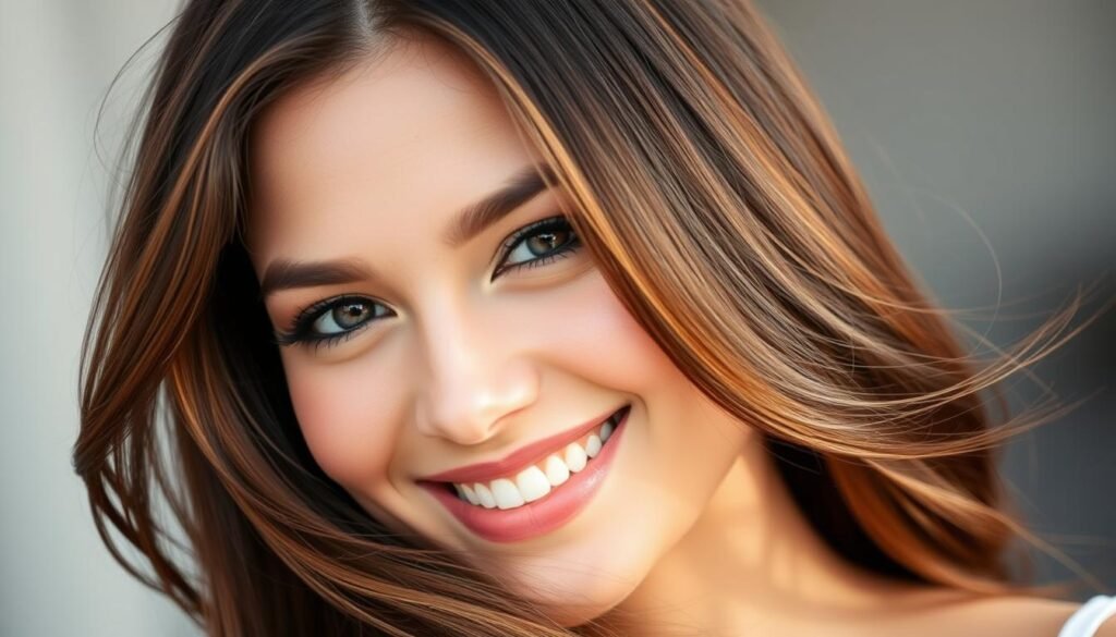 Woman with stunning brown highlights on black hair smiling confidently