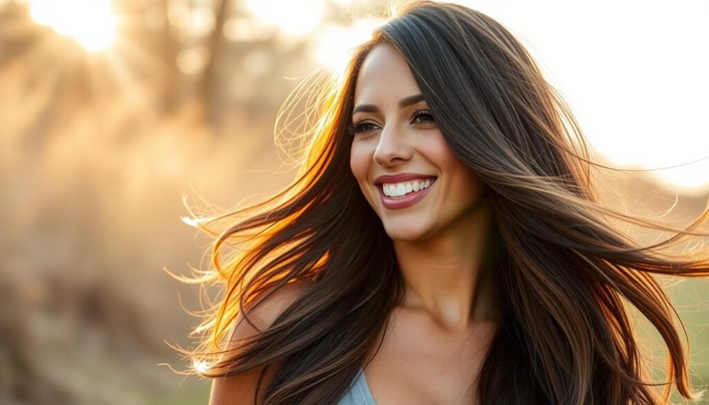 Woman with stunning dark chocolate balayage on black hair in natural sunlight