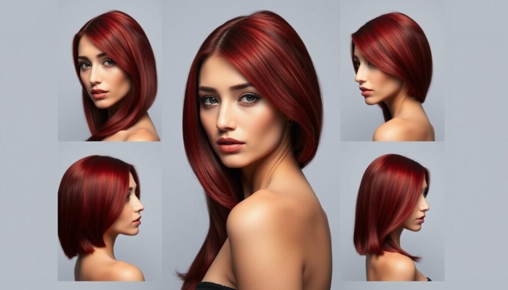 Woman with stunning deep red hair color showing various angles of the rich, multidimensional shade