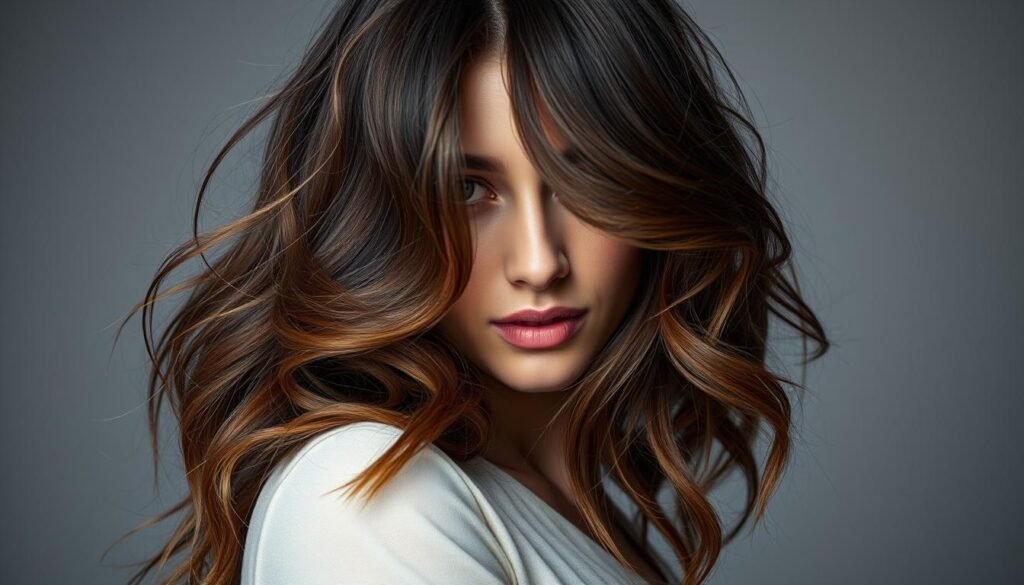 Woman with stunning dimensional dark brown hair showing multiple tones and highlights