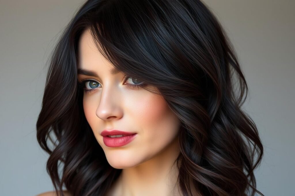 Woman with subtle plum-tinted dark brown hair