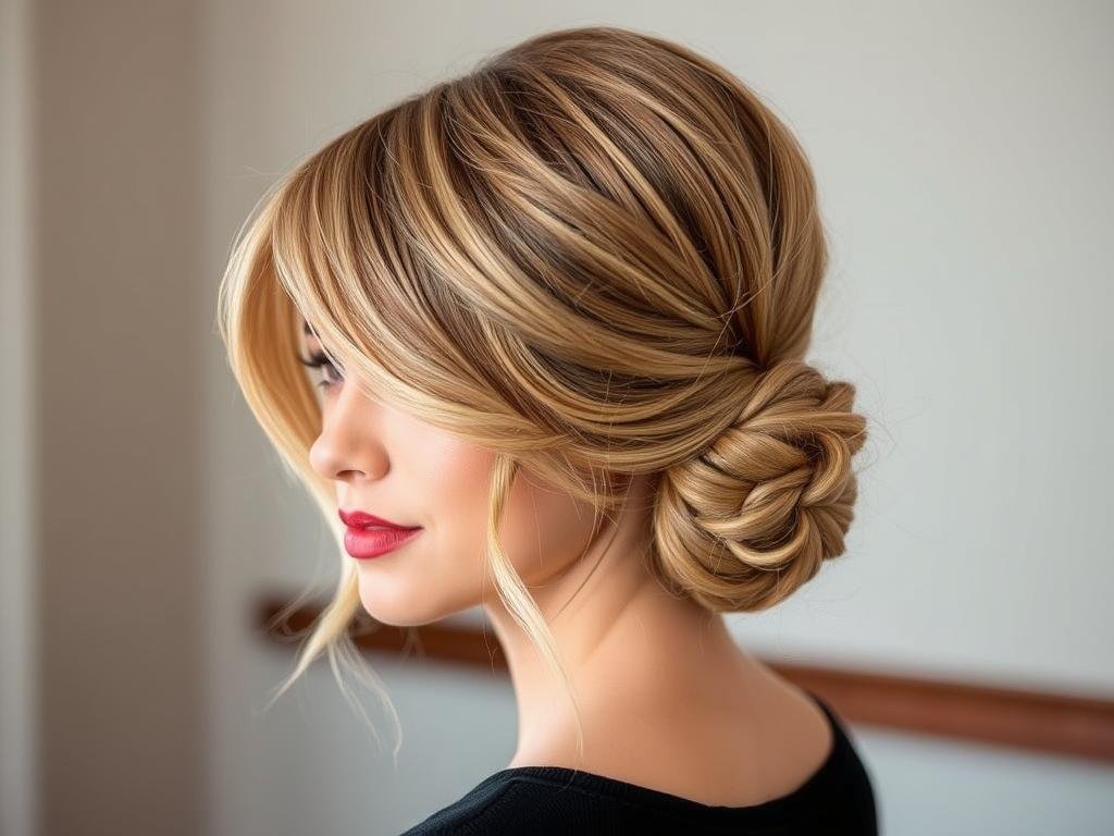 Woman with textured low bun hairstyle for thin hair Woman with textured low bun hairstyle for thin hair