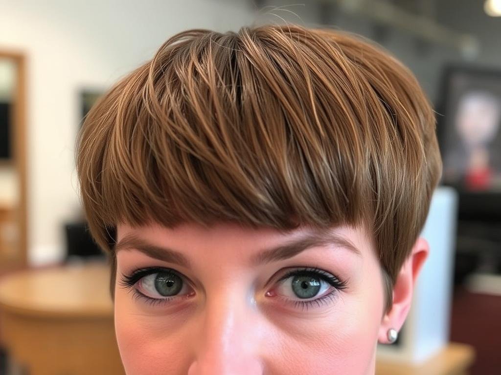 Woman with textured micro bangs for thin hair Woman with textured micro bangs for thin hair