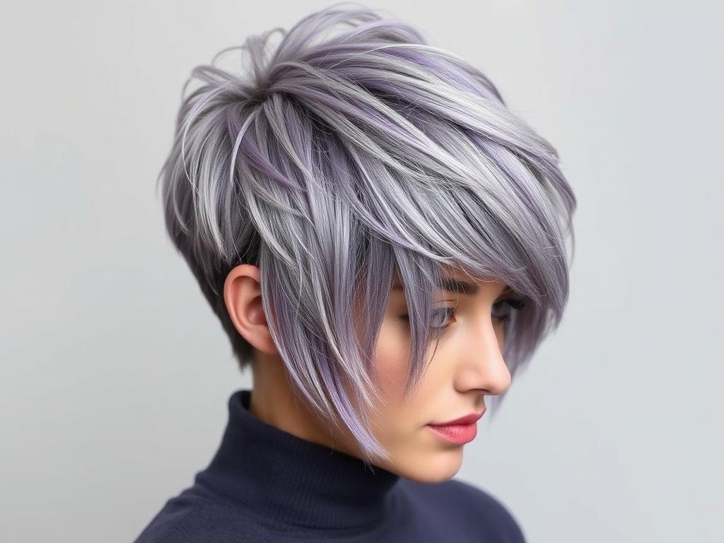 Woman with textured pixie cut in lavender gray color, short hair color ideas