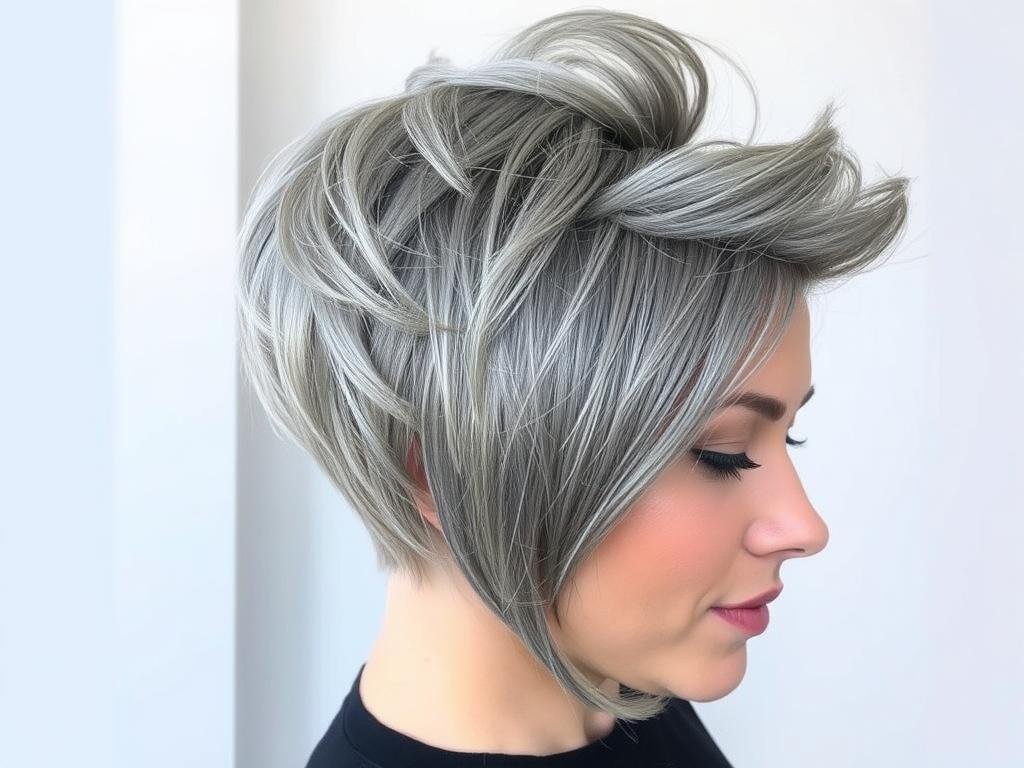 Woman with textured pixie cut in silver gray color, short hair color ideas