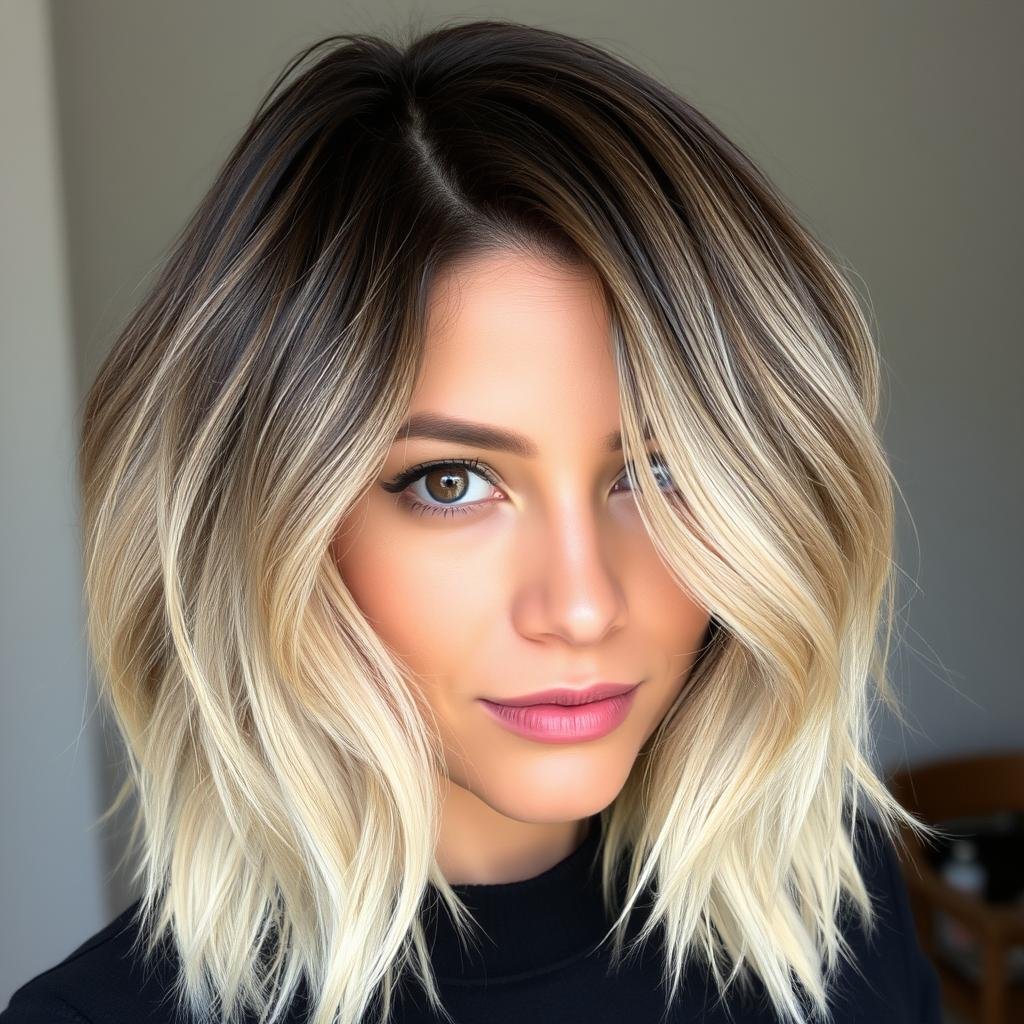 Woman with toasted coconut blonde showing dark roots and light ends Woman with toasted coconut blonde showing dark roots and light ends