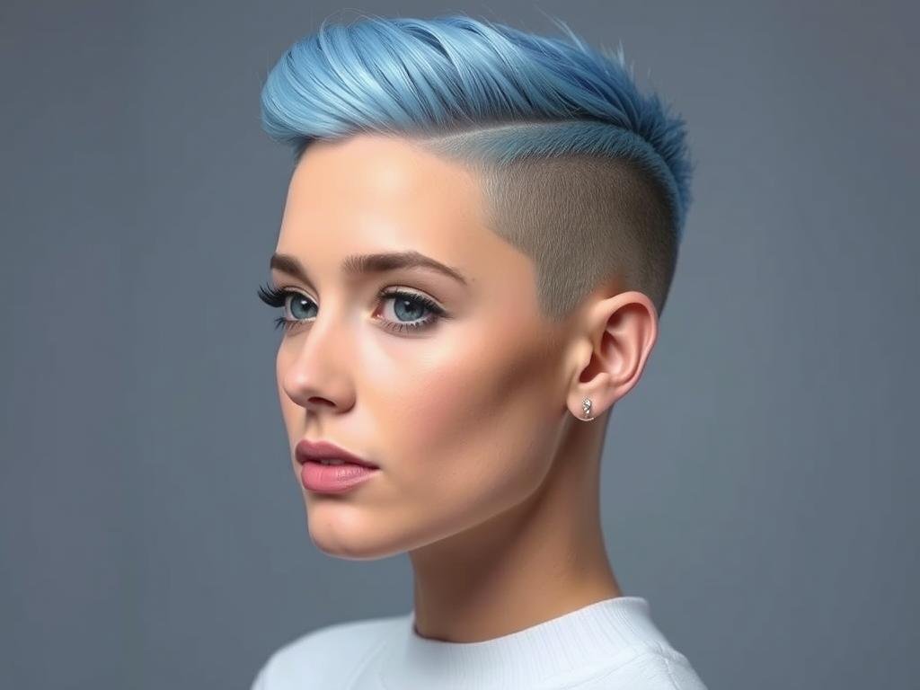 Woman with undercut hairstyle featuring pastel blue color on top, short hair color ideas