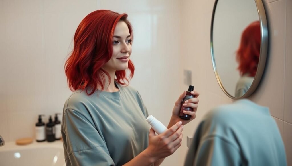 Woman with vibrant cherry red hair using color-safe hair products in bathroom setting