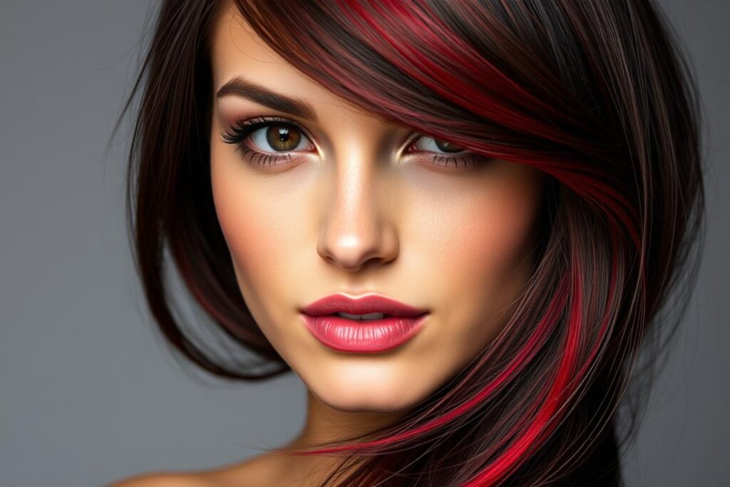 Woman with vibrant chocolate cherry hair with bright red highlights
