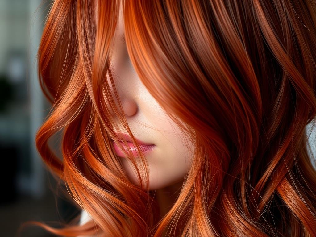 Woman with vibrant copper red hair color styled in waves